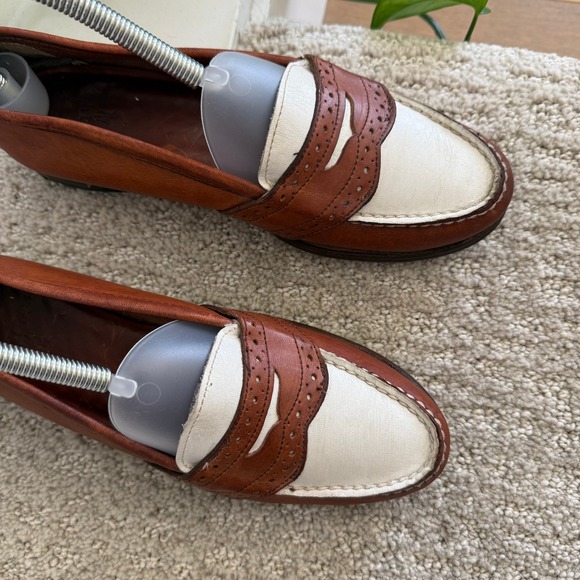 VINTAGE 80s RALPH LAUREN Two Tone Leather Penny Loafers 7.5 AA BENCH MADE MAINE - Picture 2 of 10